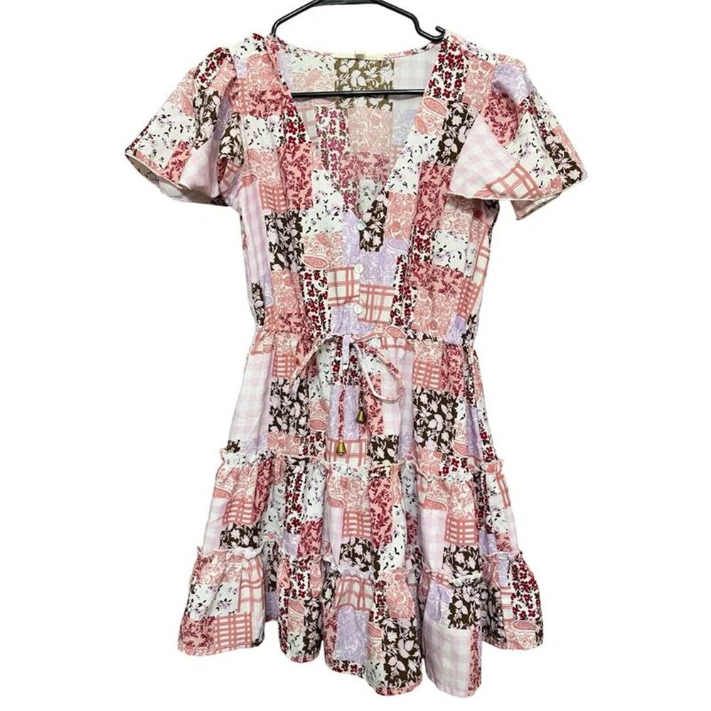 Indulge Pink/Brown Quilt Patchwork Flutter Sleeves Ruffle Hem Dress - Size Small